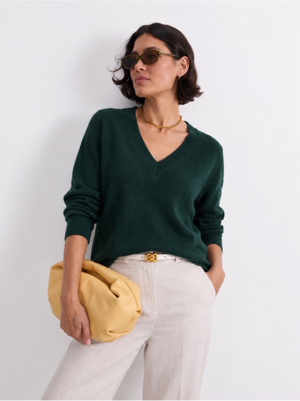 NET Charter Club Luxury 100% Cashmere V-Neck Sweater Deep Forest Green L